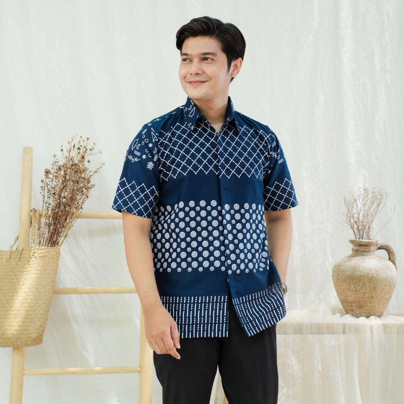 Product image Batik Alfin - Baju atasan batik pria dan wanita atau hem dan bluse motif jaring model kekinian Xl Hem jaring navi