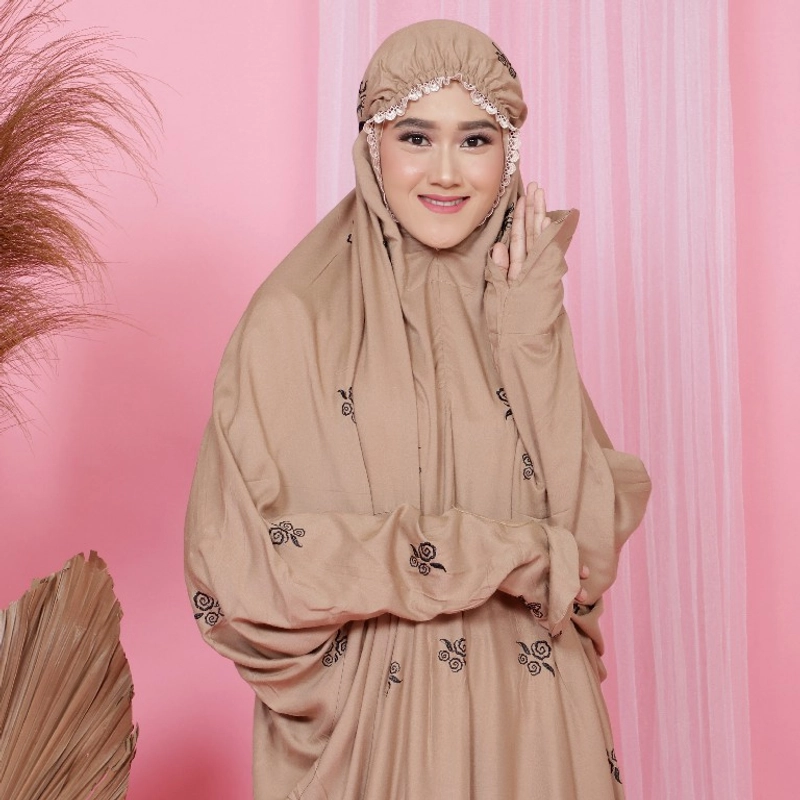 Product image Mukena Terusan Bordir Dewasa Bordir Terusan Motif Soroja allsize Mocca