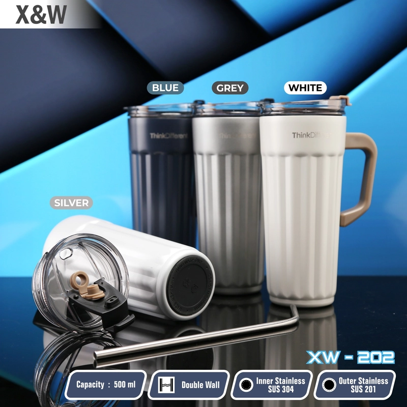Product image X&W Mug Gelas Stainles Steel With Handle & Straw Vacuum Flask Coffee Series XW-202 Cold & Hot 500ML 500 Silver