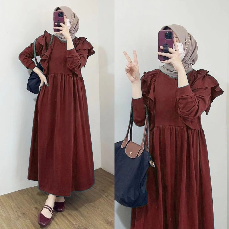 Product image [JL] MEQA DAILY - MEGA DAILY - Gamis Meldi Ruffle Dress Wanita Bahan Hyget Super Maron