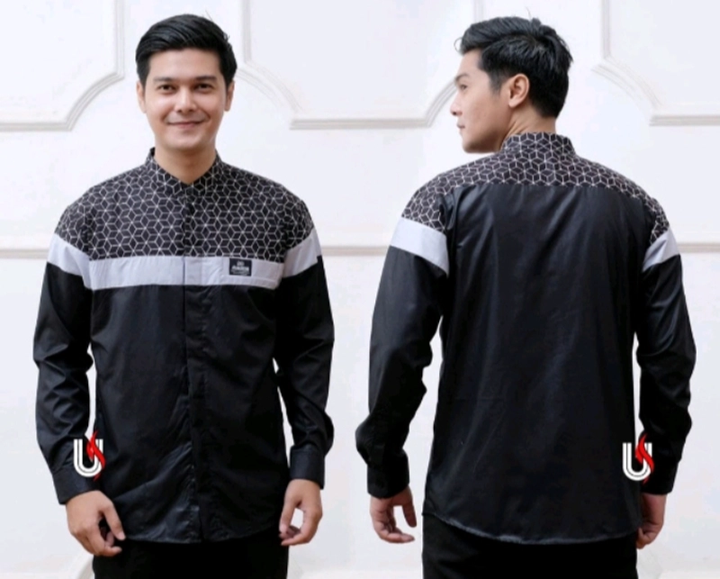 Product image Kois Batik - Baju muslim dewasa koko kombinasi batik legan panjang M Hitam