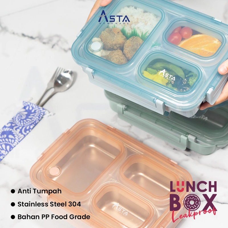 Product image Asta Kotak Makan Stainless Steel 304 Leakproof Anti Tumpah Lunch Box 3 Sekat Food Grade Warna Pink