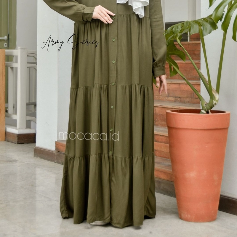Product image mocaca id - Gamis Polos Premium Babydoll Lady Dress Rayon Twill Full Kancing Hidup Busui Army ALL SIZE ARMY