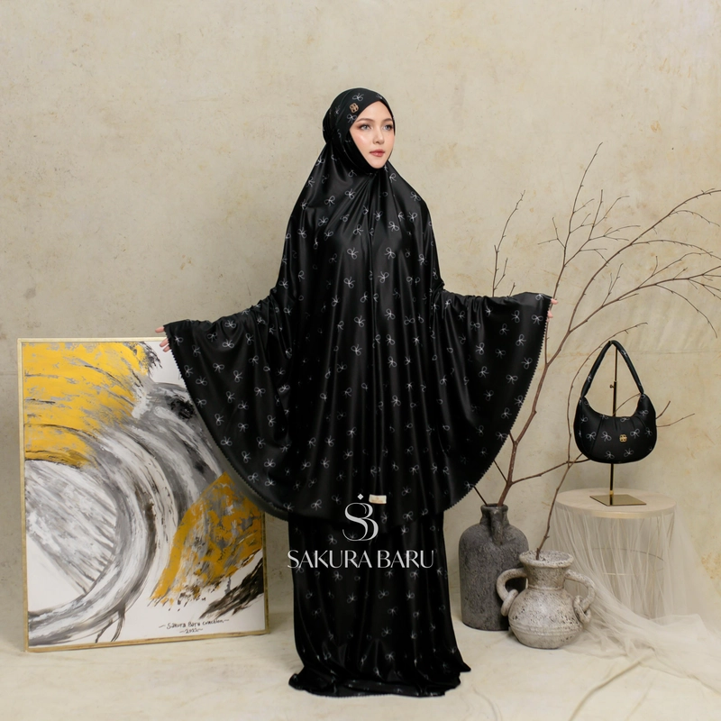 Product image Sakura Baru - Mukena Naisya Motif Pita Laser Cut Premium All Size Hitam