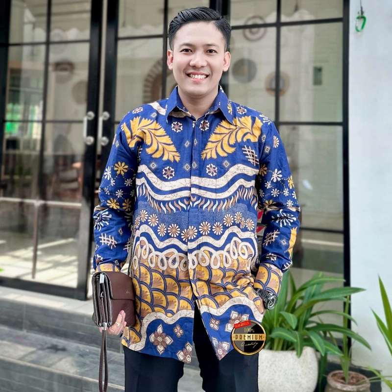 Product image Ks muslim fashion - Batik Couplen Pria Dan Wanita Tunik Dan Kemeja Terbaru Motif daun M Kemeja daun navy
