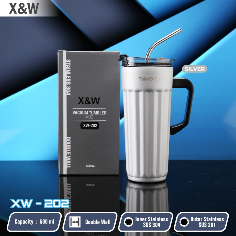 Product image X&W Mug Gelas Stainles Steel With Handle & Straw Vacuum Flask Coffee Series XW-202 Cold & Hot 500ML 500 Silver