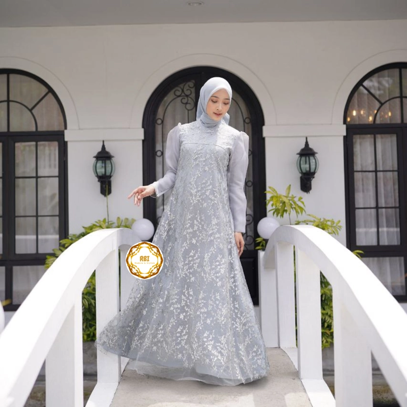 Product image Rambe Batik Indonesia - Gamis Alesya Premium Kain Maksmara Premium Kain Organza Mix Tulle Take All Premium XXL SMOKE GREY