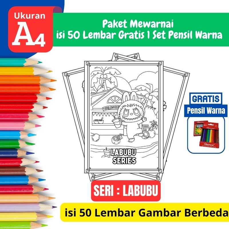 Product image FEID Store - [ EDISI LABUBU ] Promo Paket Mewarnai isi 50 Lembar Gratis 1 Set Pensil Warna - A4 Tebal A4 TEBAL