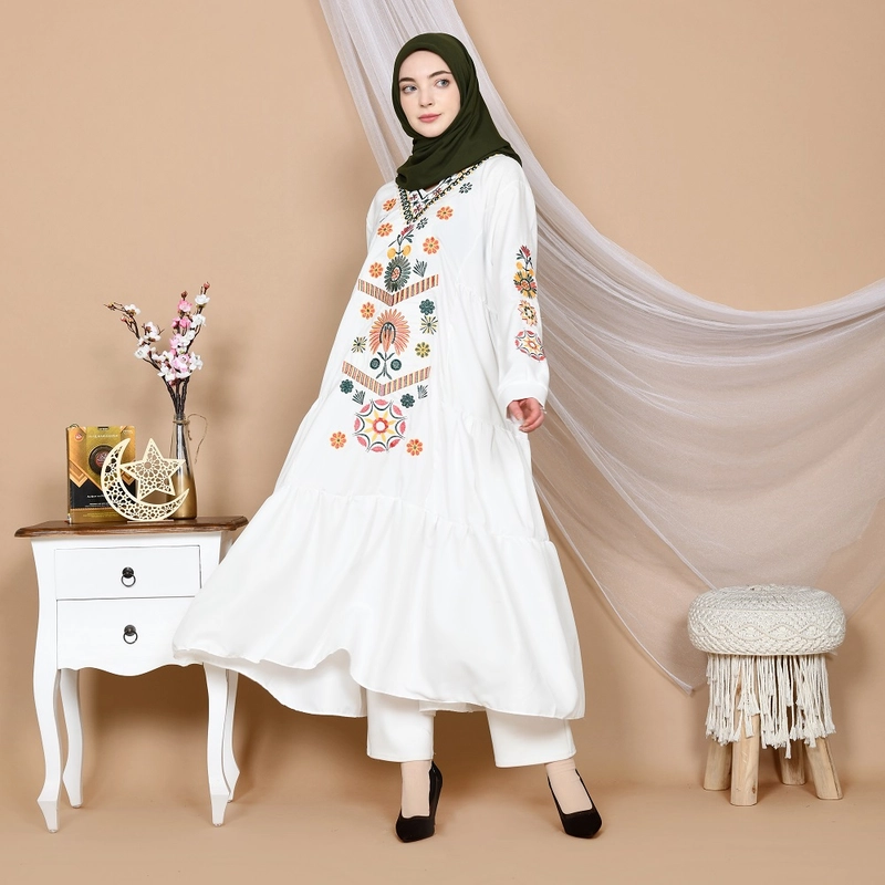 Product image Jembar - Gamis Midi Dress Muslimah Motif Bordir Jumbo Premium All Size Dewasa PUTIH