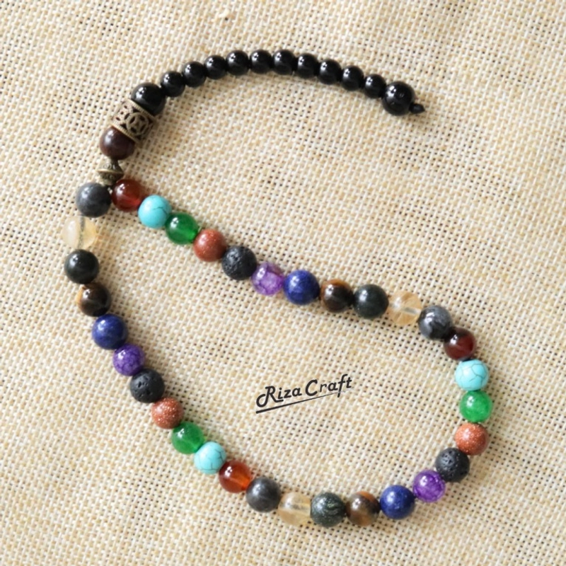 Product image Riza Craft - Tasbih Batu Akik Alam Agate Pirus Giok Lava Kecubung Lapis Lazuli Pasir Emas Tiger Eye Black Jade Ci 33 Butir Mix