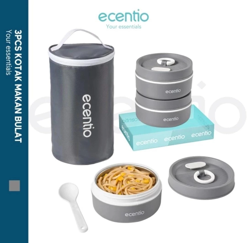 Product image Rizki Electronics - Ecentio 3pcs Kotak Makan Stainless Steel Bulat 1 pcs kotak makan Grey