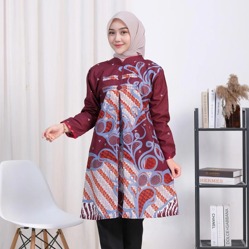 Product image Kois Batik - Atasan Baju Batik Wanita Tunik Floy Modern Motif asyifa M Burgundy