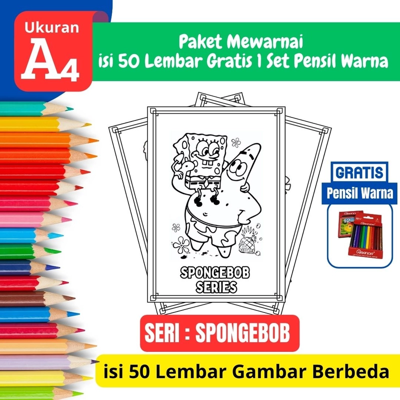 Product image FEID Store - [ EDISI SPONGE BOB ] Promo Paket Mewarnai isi 50 Lembar Gratis 1 Set Pensil Warna - A4 Tebal A4 TEBAL