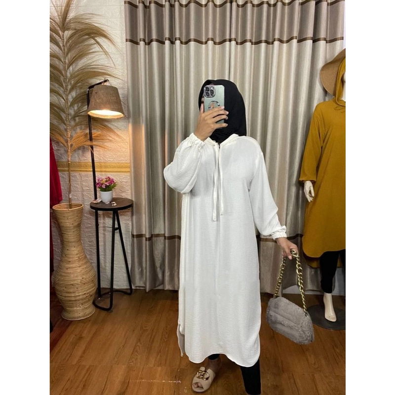 Product image MEQA DAILY - MEGA DAILY - Hoodie Yesha Midi Dress Wanita Bahan Crinkle Putih