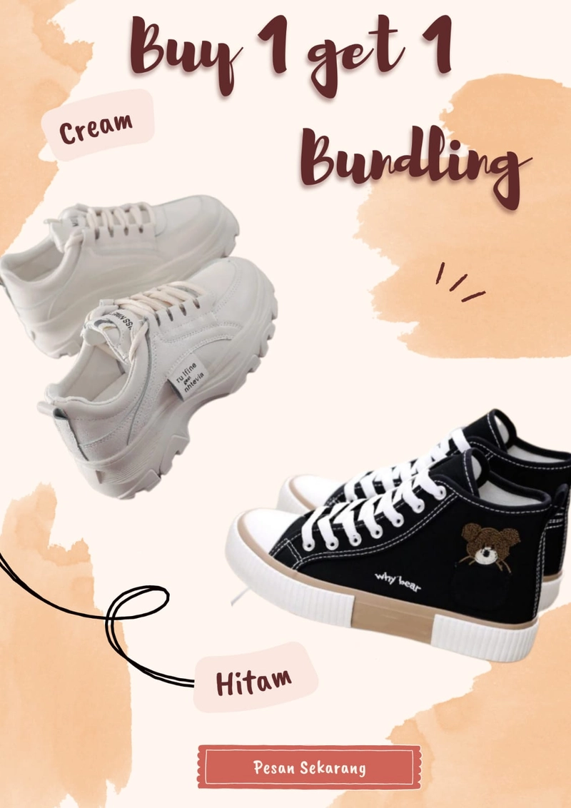 Product image Koekita - Paket Bundling Buy 1 Get 1 Sepatu Kets Sneakers Boot Wanita Why Bear & Nhtevia 40 Hitam & Cream