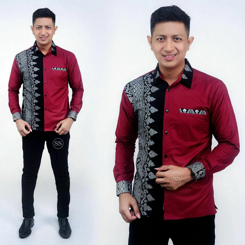 Product image Batik Alfin - Baju koko muslim dewasa lengan panjang kombinasi batik bagus banget M Maron