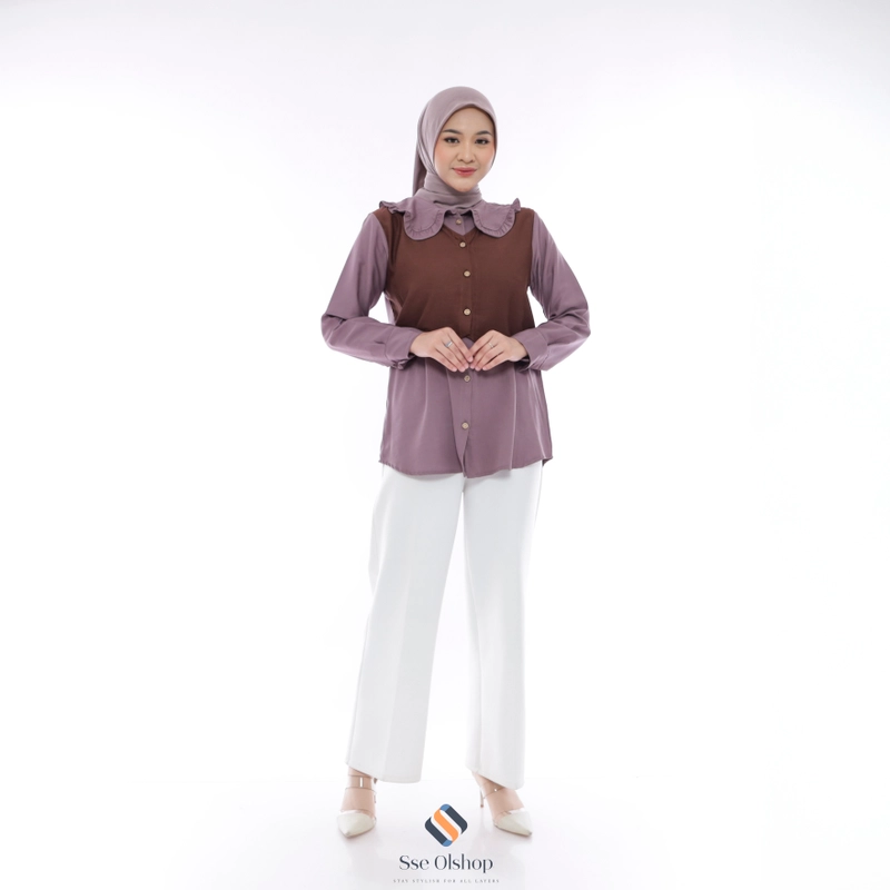 Product image Sseolshop - Emma baju kemeja atasan wanita terbaru twotone lengan panjang L Dark Plum