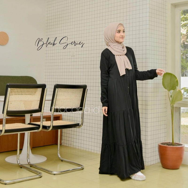 Product image mocaca id - Gamis Polos Premium Babydoll Lady Dress Rayon Twill Full Kancing Hidup Busui Hitam ALL SIZE HITAM