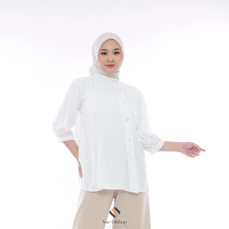 Product image Sseolshop - AGNIA Kemeja Wanita Putih Casual Lengan Panjang Atasan Korea Style JUMBO L BW