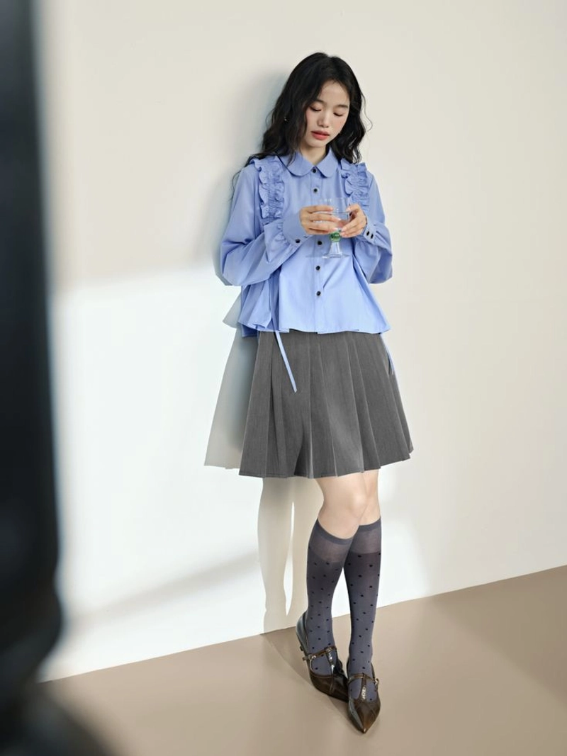 Product image Sseolshop - Kemeja wanita serut pundak / kemeja putih wanita jumbo / baju atasan wanita terbaru L Biru