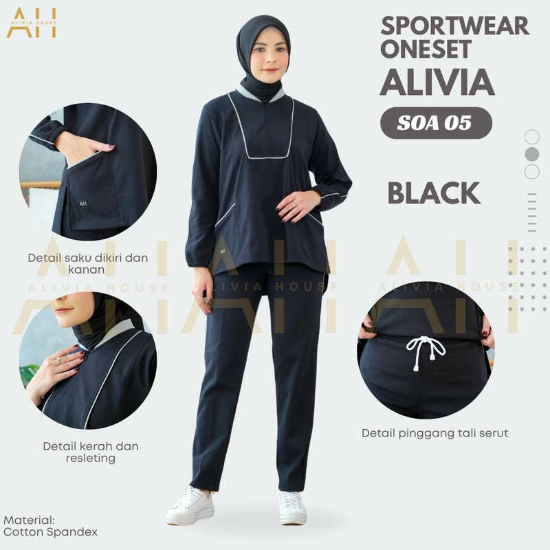 Product image Alivia House - Sportwear Oneset Alivia SOA05 - Setelan Olahraga Wanita - Baju Olahraga Kaos Muslimah M Black