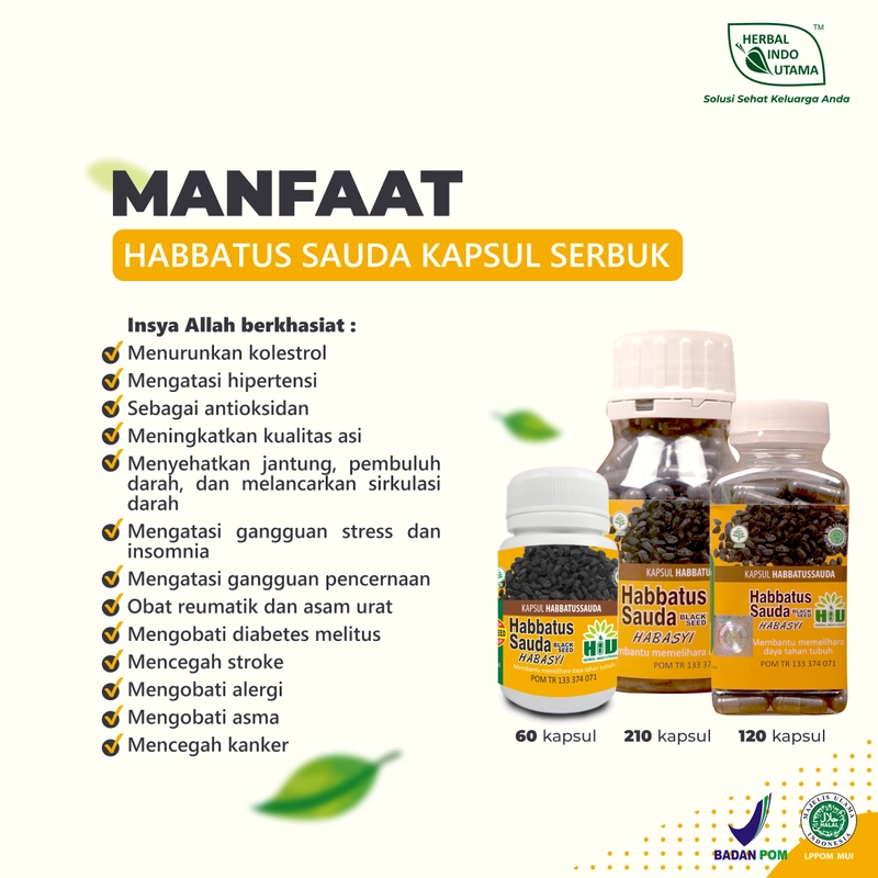 Product image Herbal Indo Utama - HABBATUS SAUDA Jaga Kesehatan & Imunitas Kapsul Serbuk isi 60 - 120 - 210 Kapsul 60 Kapsul Kapsul Serbuk