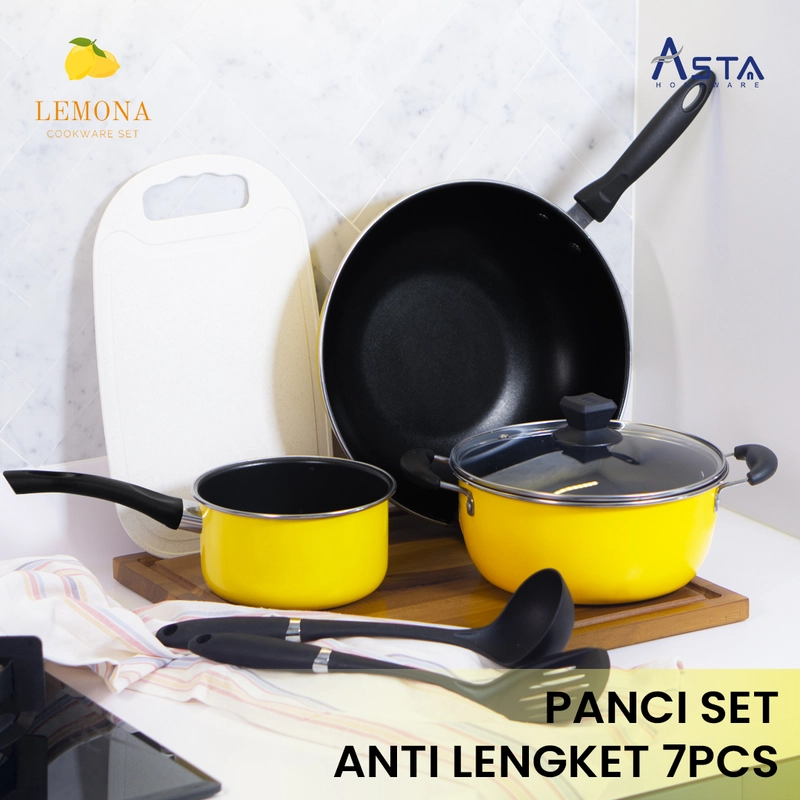 Product image Asta Panci Anti Lengket Tutup Kaca Set Lengkap Lemona 7 pcs Warna Kuning