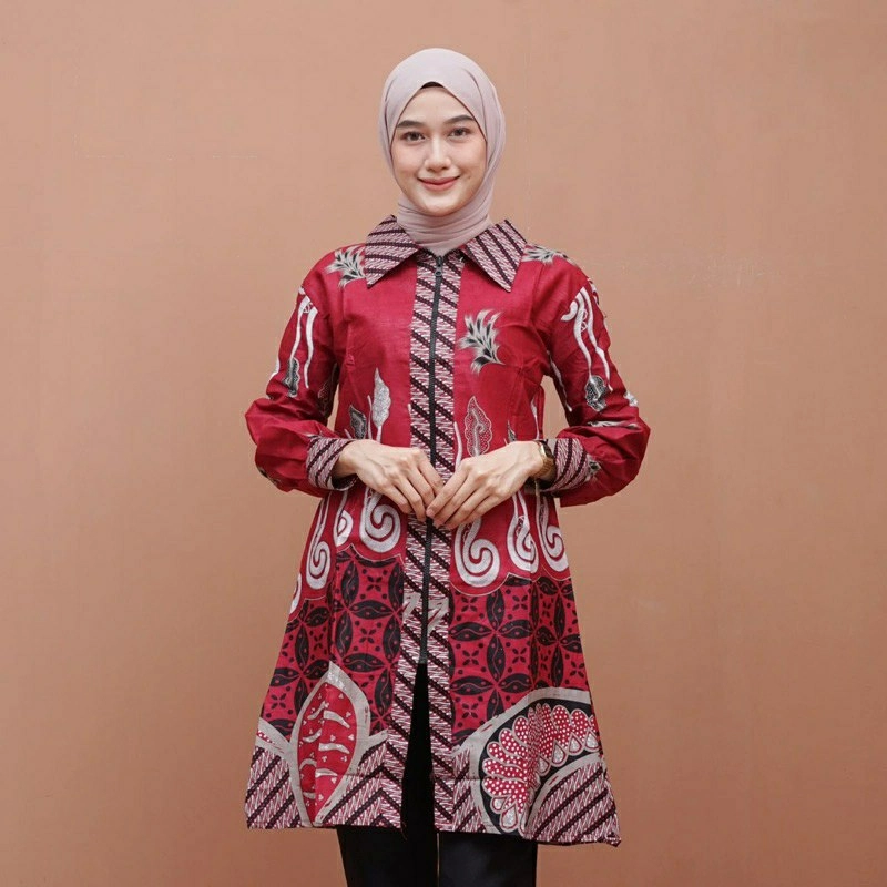 Product image Batik Alfin - Baju batik atasan Couple bisa di pisah motif melody merah model kekinian terbaru Xxxl Tunik melody merah