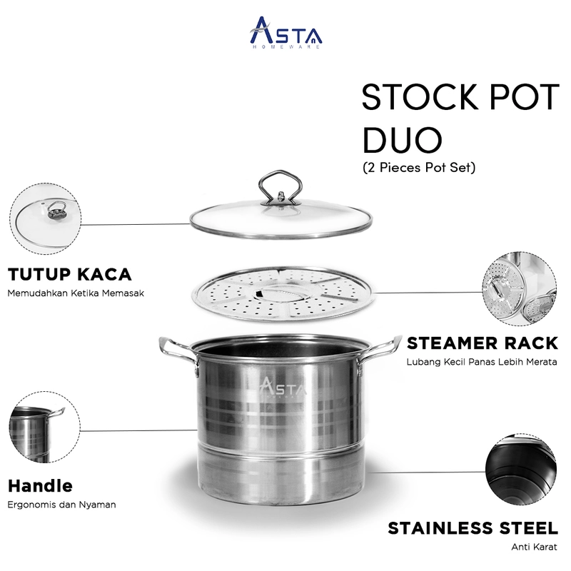 Product image Asta Dandang Kukusan Stainless Stock Pot Steamer Tutup Kaca Tebal Set 2 pcs Warna Grey ASSP-02