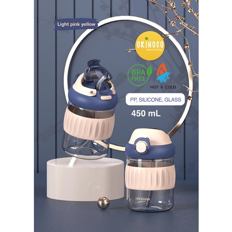 Product image X&W Botol Kaca Dual Drink 450 ML H-6342 With Silicone Case Sedotan Silikon Anti tumpah Leakproof 450 Dark Blue