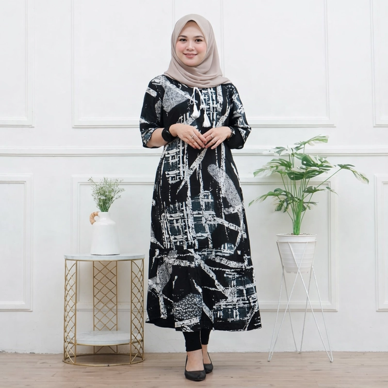 Product image Disya.id - Gamis Twill Rayon Premium Busui Terbaru Jumbo Syari Abstrak Mncrom LD 120cm Hitam