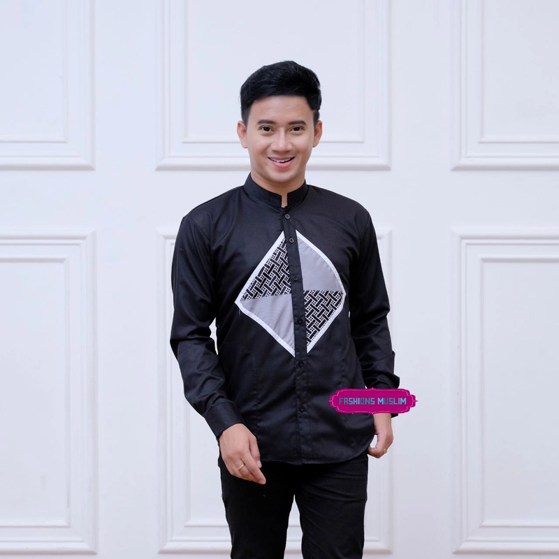 Product image Kois Batik - BAJU KOKO LENGAN PANJANG KOKO KOMBINASI BATIK PRIA DEWASA S Hitam