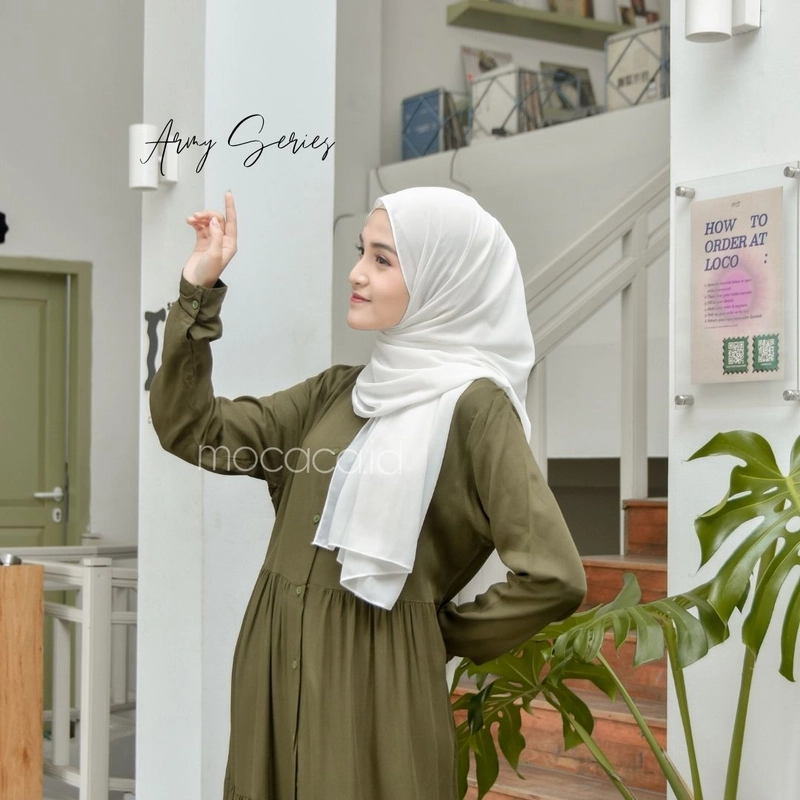 Product image mocaca id - Gamis Polos Premium Babydoll Lady Dress Rayon Twill Full Kancing Hidup Busui Army ALL SIZE ARMY