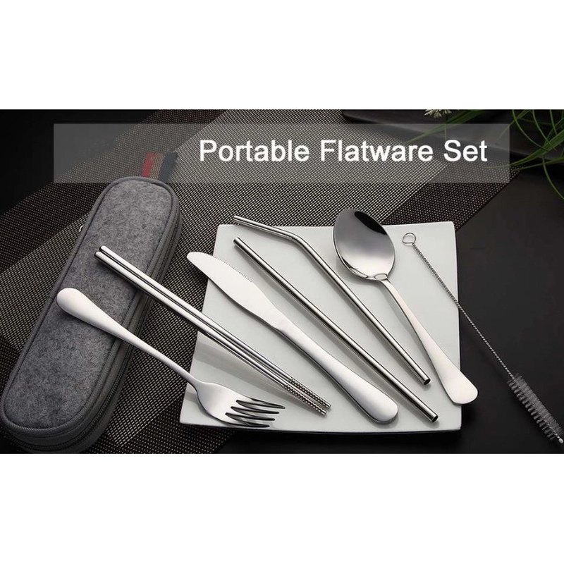 Product image RUMAH RAYA - Set Alat Makan Sendok Garpu Pisau Sumpit Sedotan Besi Japanese Style 7pcs - EA02300 7 Pcs Black