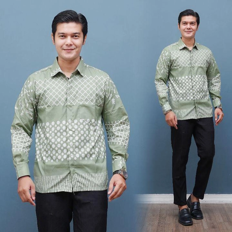 Product image Kois Batik - Batik coupel gamis dan kemeja modern terbaru motif jaring sage M Kemeja jaring sage