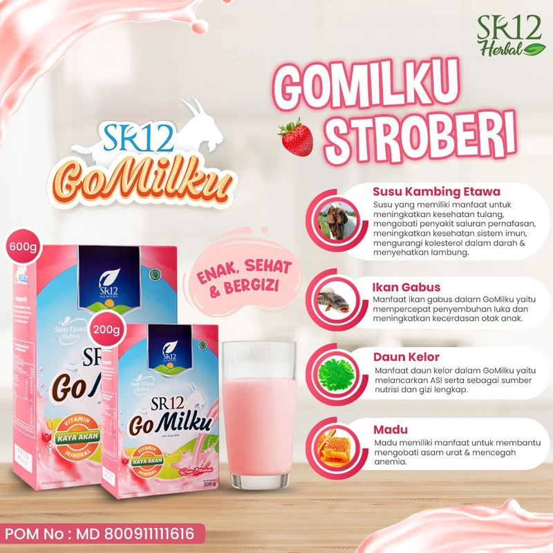 Product image SR12 Gomilku Susu Kambing Etawa Tinggi Kalsium Cegah Osteoporosis 200gr Strawberry