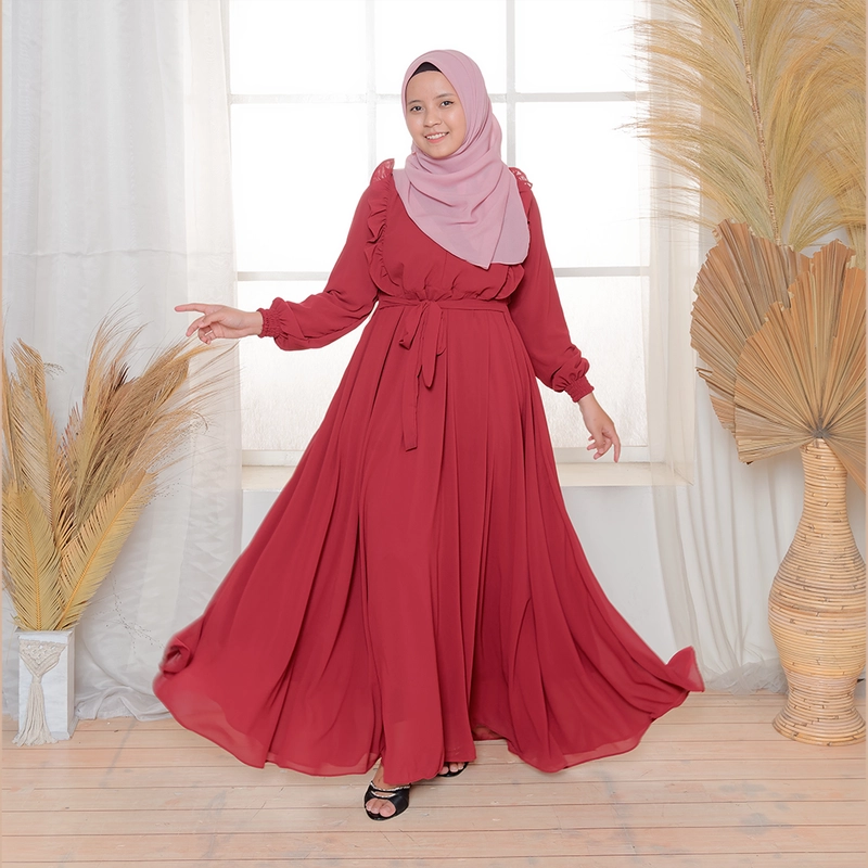Product image MOSCOU - Baju Busana Dress Gamis Wanita Muslim Muslimah Syari Syar'I Remaja Ibu Busui Simple Simpel Elegan Casual Pesta Kondangan Lebaran Terbaru Kekinian Ceruty Ceruti Babydoll Premium Full Furing Hyget Adem Lembut Merah Maroon Marun Polos M Maroon