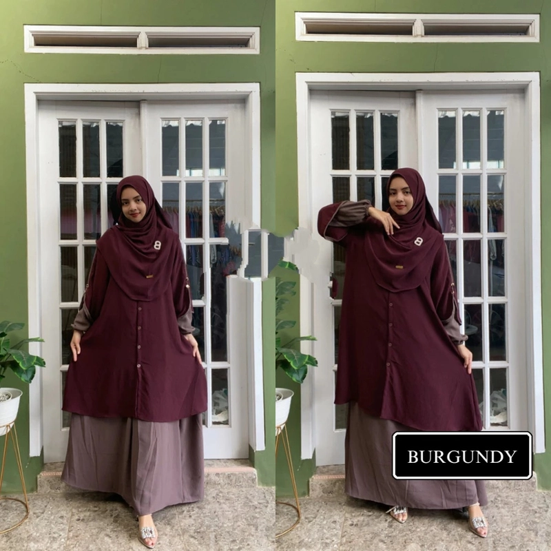 Product image qayd - UZN Salima Dress Syari Premium Set Tunik Rok Hijab Pashmina Crinkle Adem Dewasa Burgundy