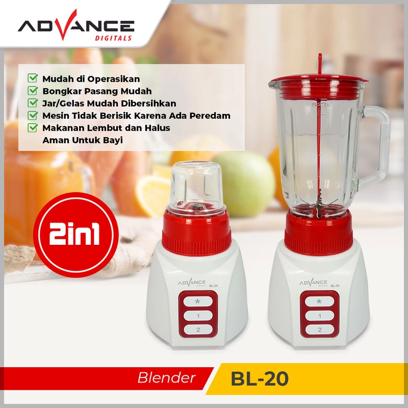 Product image Advance Digitals Indonesia - Blender BL20 / BL-20 Tabung Kaca Multifungsi dan Foodgrade 1.2 Liter Merah