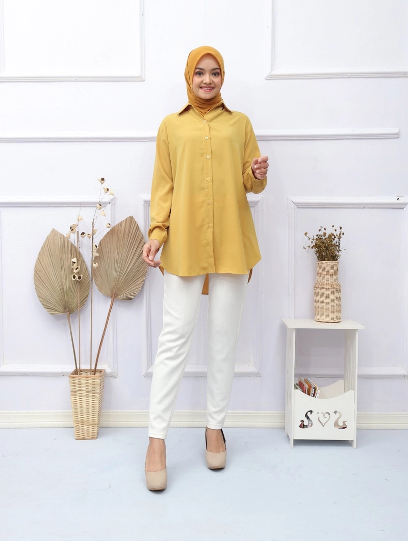 Product image Syahrinda [TA] - Kemeja Basic Wanita Polos Mustard Premium Dewi Standar dan Bigsize Size 36 Mustard