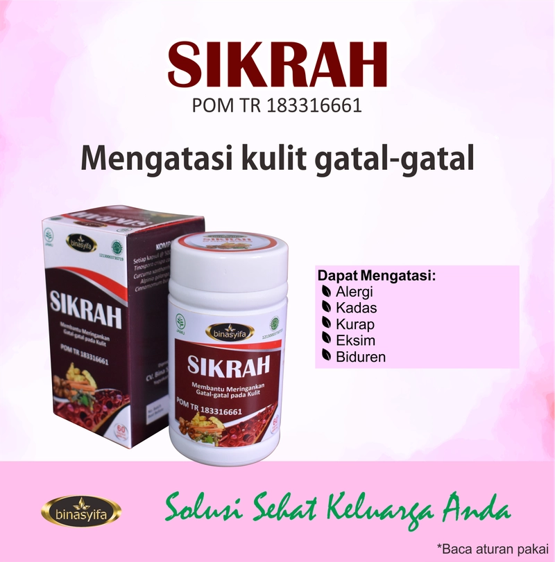 Product image SIKRAH Obat Gatal Gatal Kulit Alergi Gatel Obat Kurap Eksim Jamur Biduran Kadas BPOM Binasyifa 60 Ka 60 kapsul Herbal