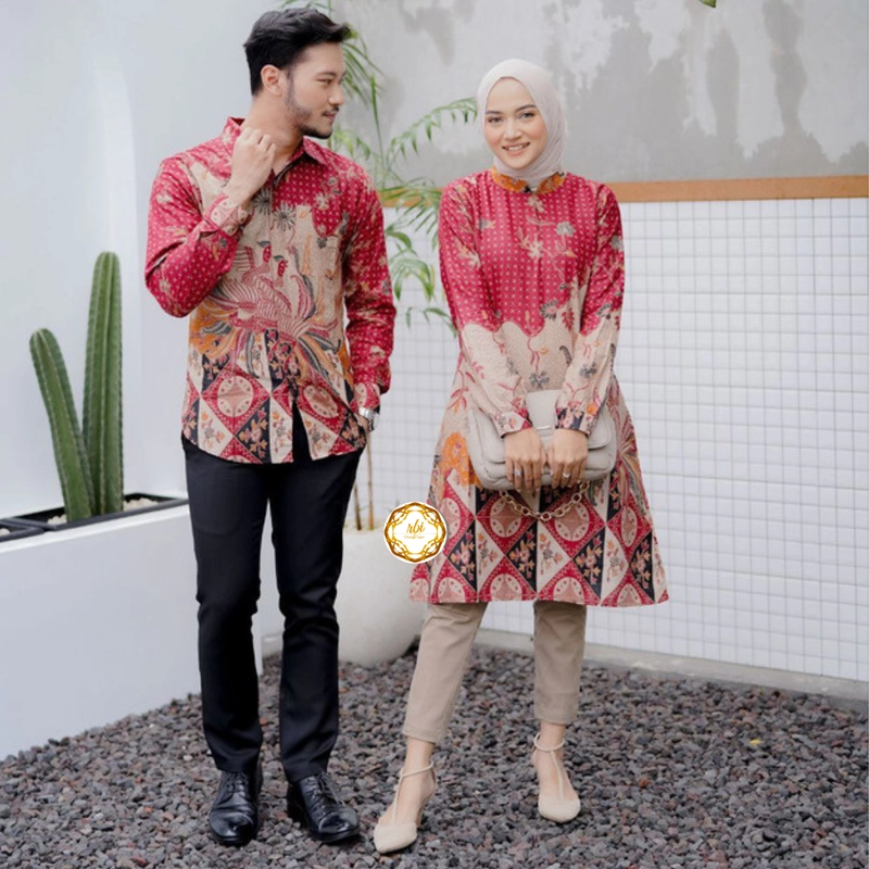 Product image Rambe Batik Indonesia - Couple Tunik Laksha Merah Modern dan Exclusive Kemeja Saja Size M Laksha Merah