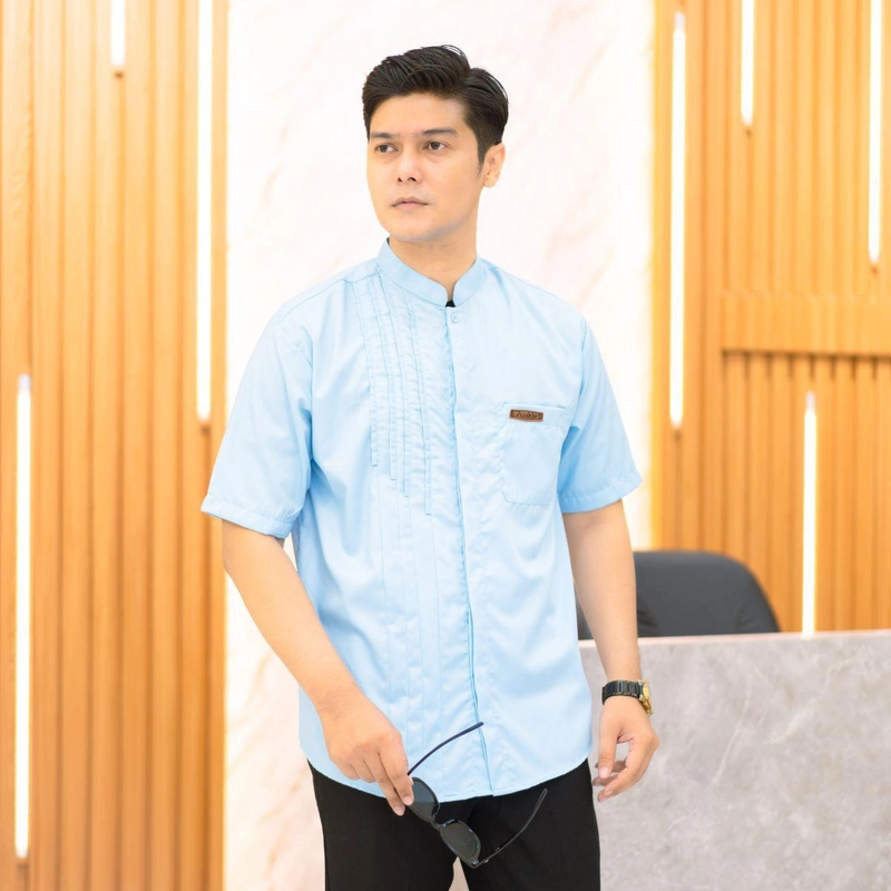 Product image Kois Batik - Baju Koko Pria Dewasa Lengan Pendek Simpel Free Peci rajut Motif Dilan XL Dilan Sky Blue
