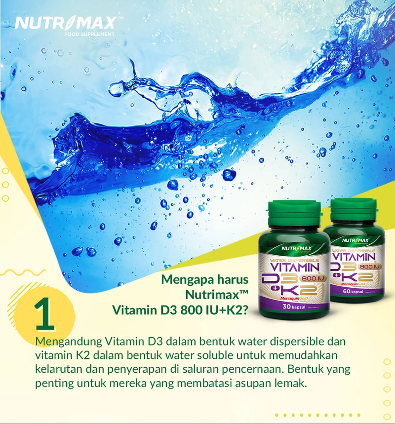 Product image Nutrimax Water Dispersible Vitamin D3 + K2 Kalsium Calcium Kesehatan Tulang Osteoporosis Lansia Isi 30 Naturecaps