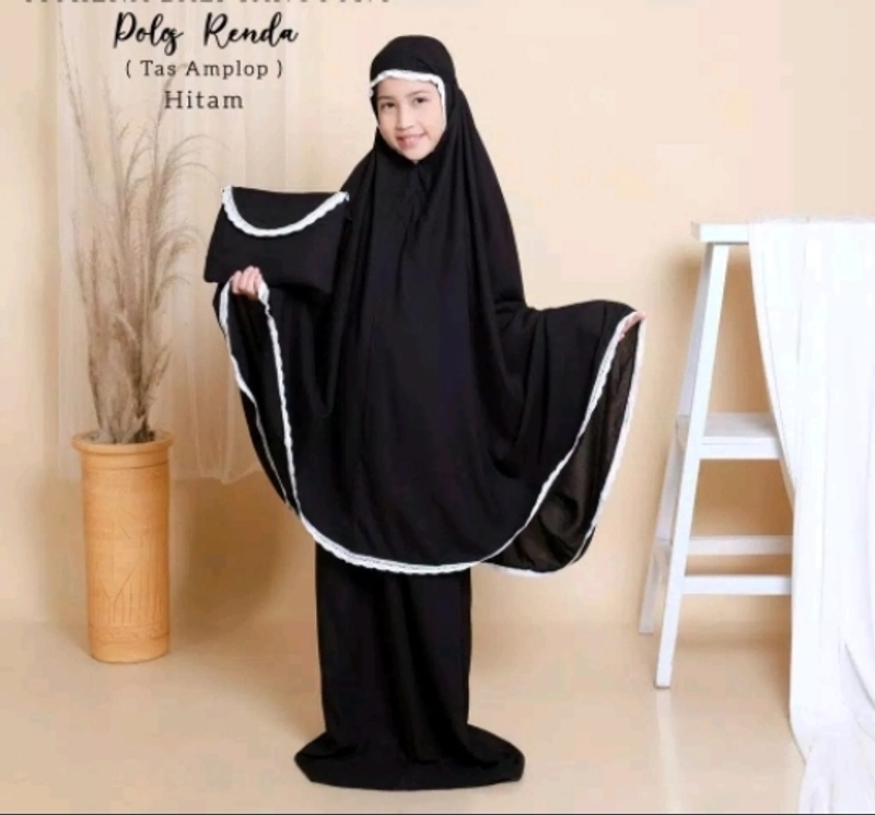 Product image Mukena Koe - Mukena Koe - Mukenakoe konfeksi - Mukena anak putusan polos renda L Hitam