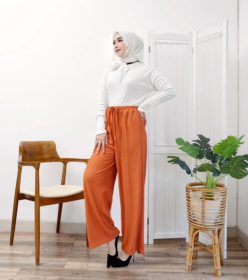 Product image Syahrinda [TA] - Celana Kulot Knit Tali Vertical Comfort Uniqloure Daily Pants Bigsize Allsize Premium Stretch Freesize Teracota