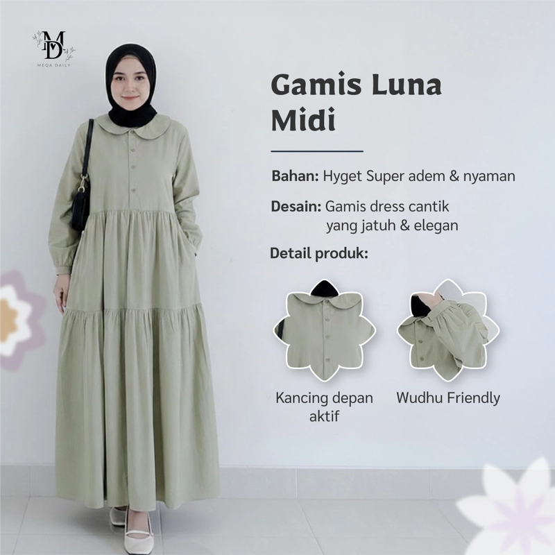 Product image MEQA DAILY - Gamis Luna Midi Dress Fashion Wanita Allsize Putih