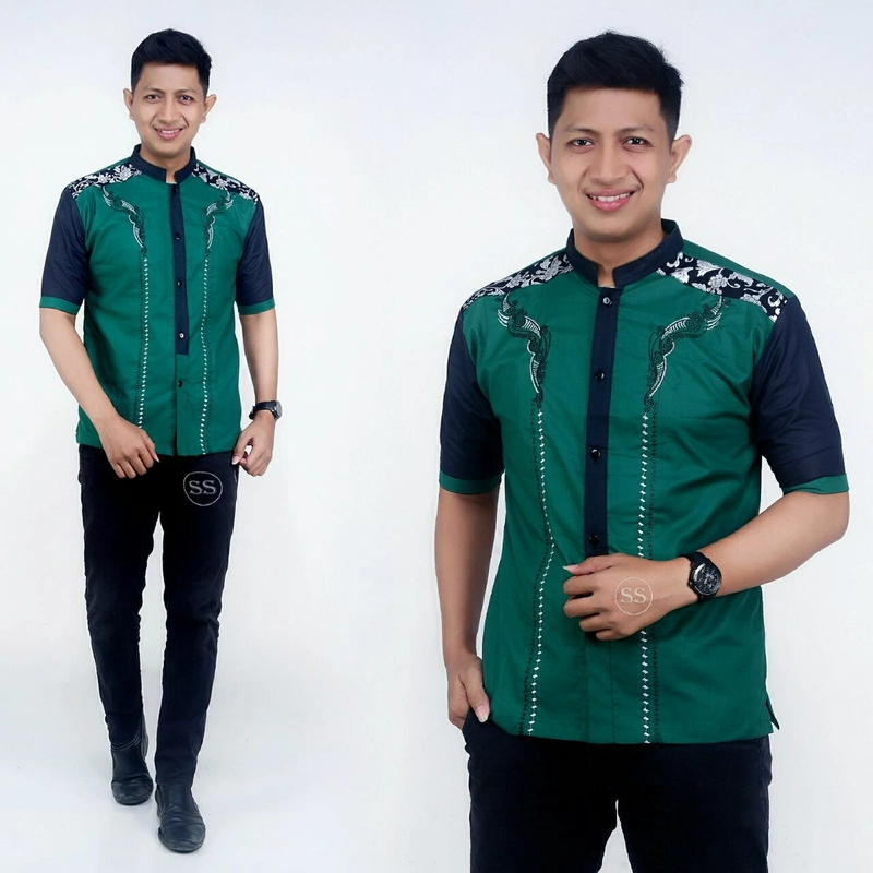 Product image Batik Alfin - Baju koko bordir kombinasi batik lengan pendek keren banget M Hijau