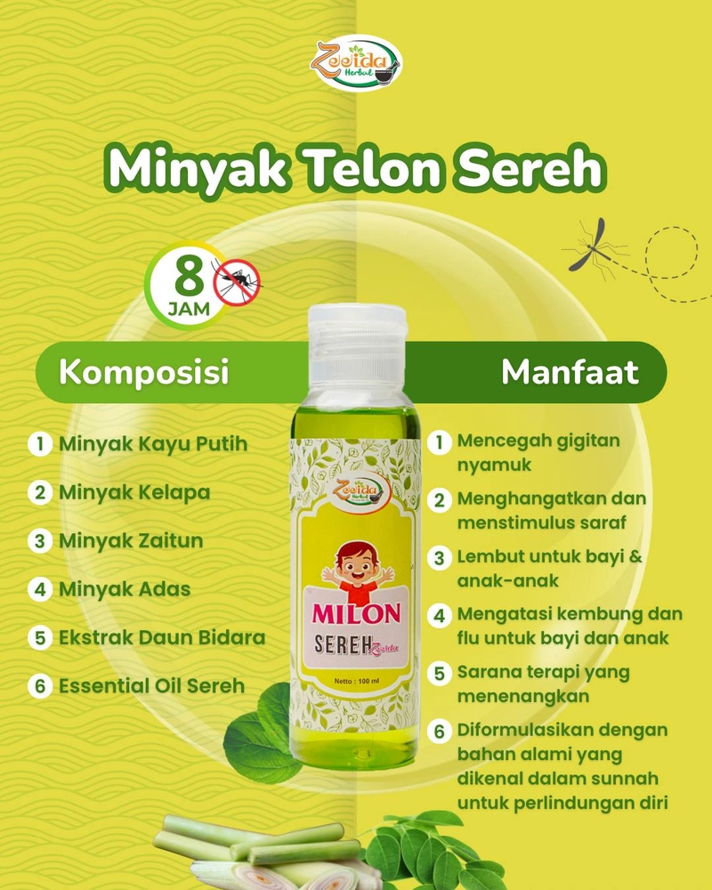 Product image Zeeida Herbal - Minyak Telon Sereh Menghangatkan Melindungi Dari Gigitan Serangga 30Ml Milon Sereh