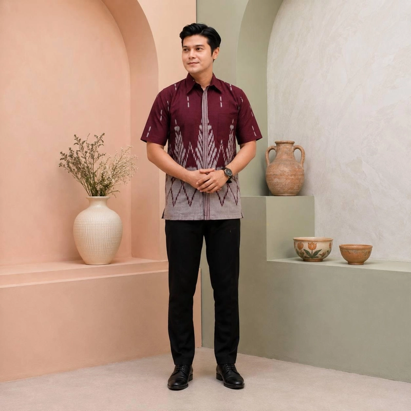 Product image Kois Batik - Batik coupel gamis kemeja panjang dan pendek motif davie burgundy L Kemeja pendek